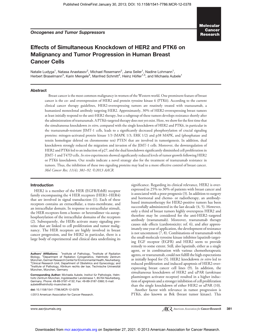 Effects of Simultaneous Knockdown of HER2 and PTK6 on Malignancy and Tumor Progression in Human Breast Cancer Cells