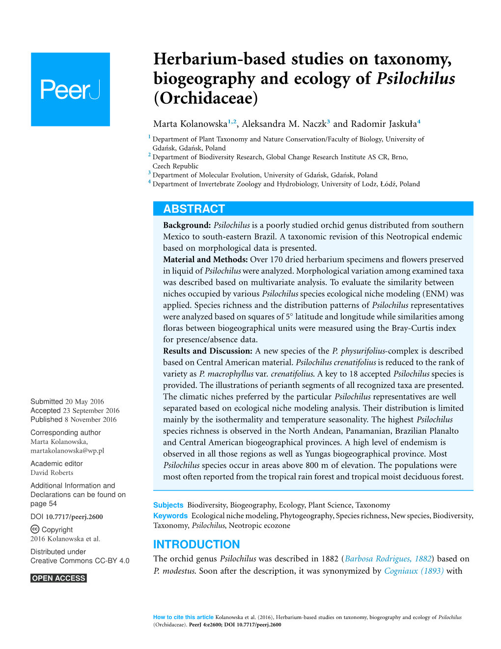 Herbarium-Based Studies on Taxonomy, Biogeography and Ecology of Psilochilus (Orchidaceae)