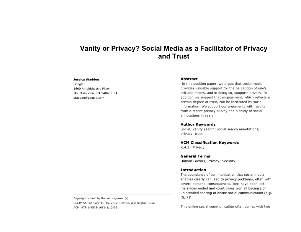 Vanity Or Privacy? Social Media As a Facilitator of Privacy and Trust