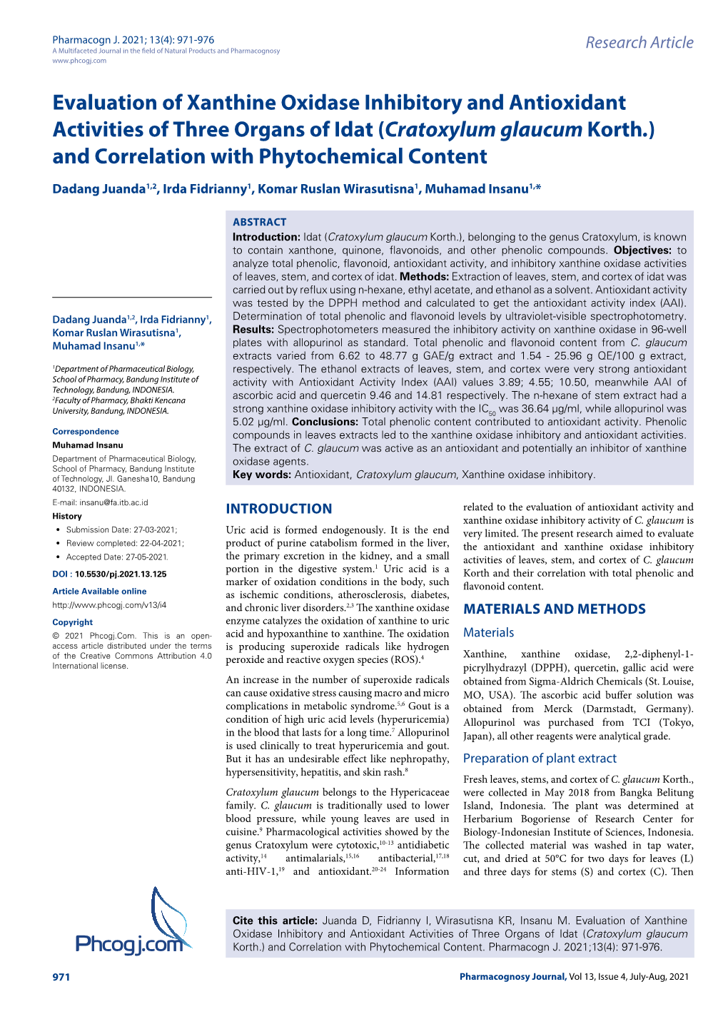 Phcogj.Com Evaluation of Xanthine Oxidase Inhibitory and Antioxidant