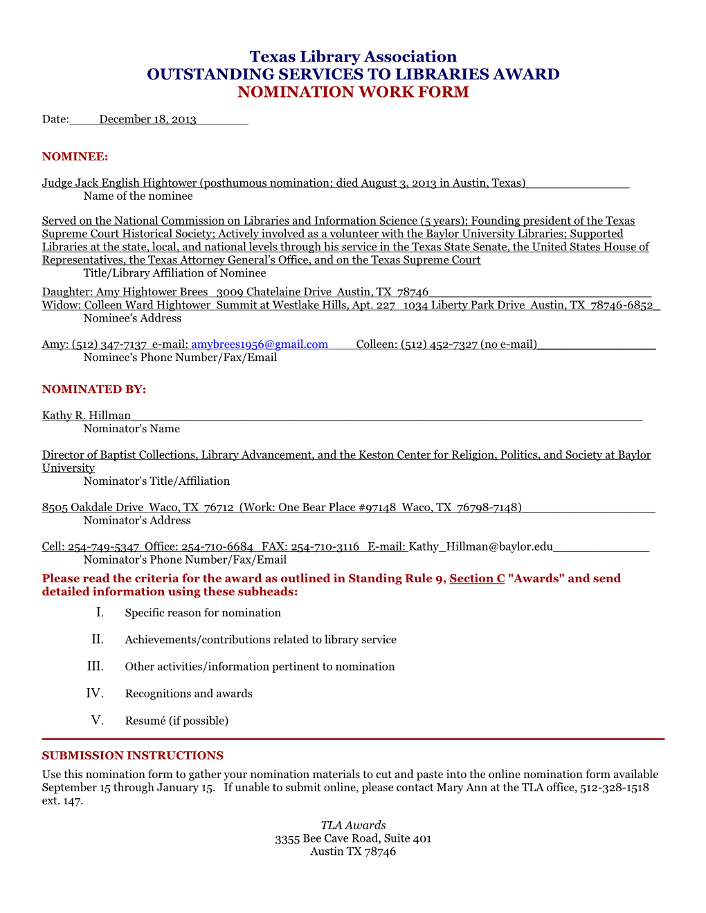 Texas Library Association OUTSTANDING SERVICES to LIBRARIES AWARD NOMINATION WORK FORM