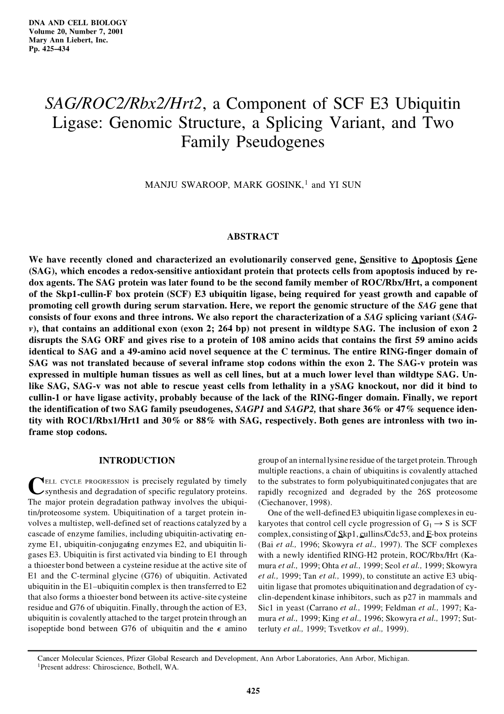 SAG/ROC2/Rbx2/Hrt2, a Component of SCF E3 Ubiquitin Ligase: Genomic Structure, a Splicing Variant, and Two Family Pseudogenes