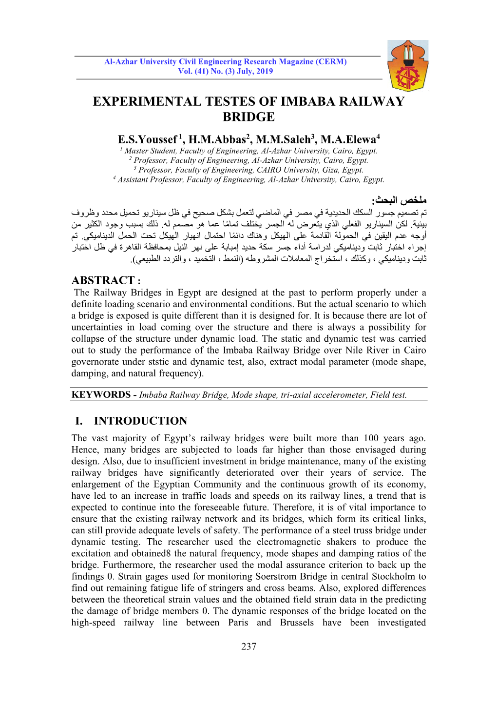 Experimental Testes of Imbaba Railway Bridge