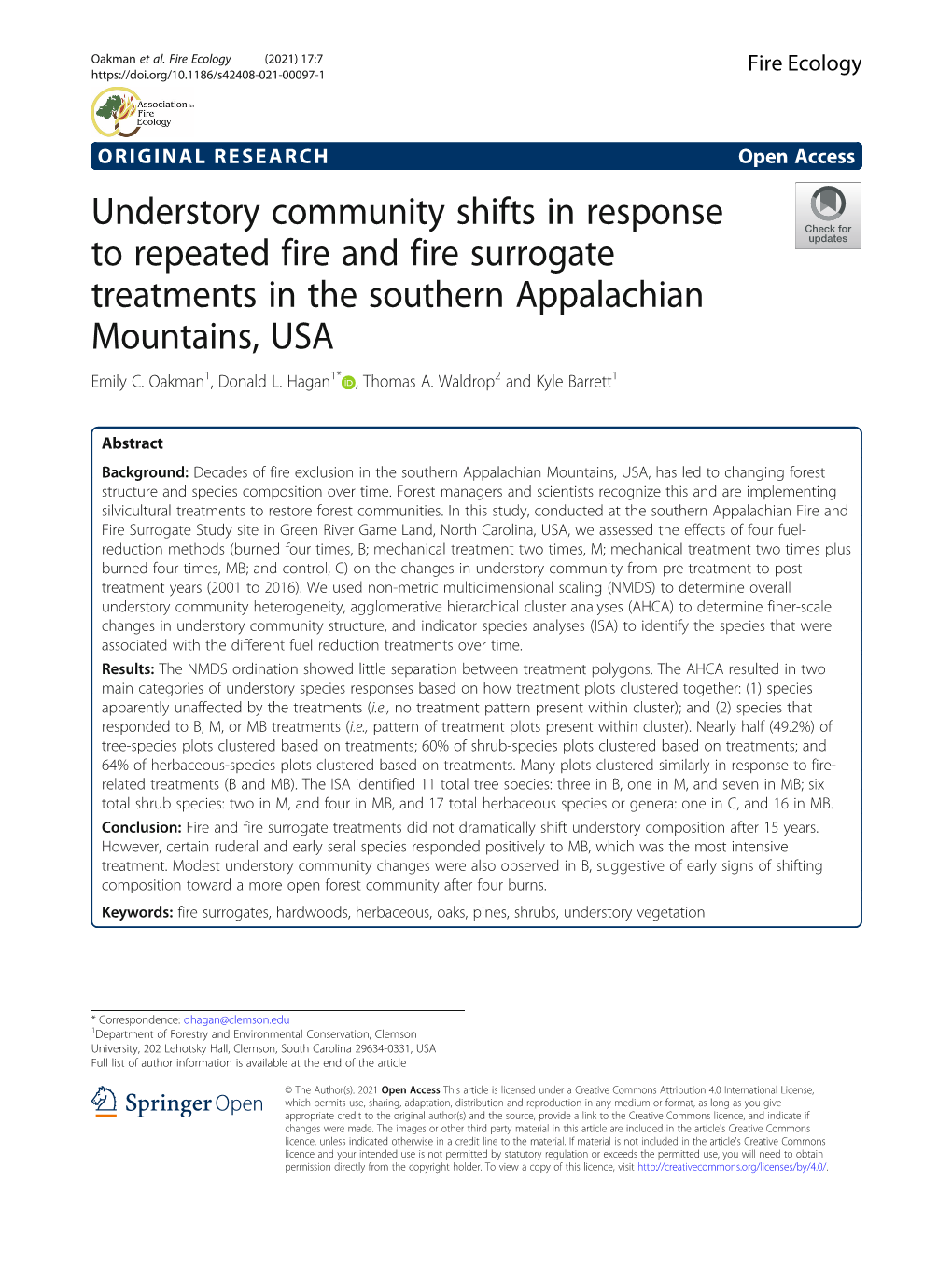 Understory Community Shifts in Response to Repeated Fire and Fire Surrogate Treatments in the Southern Appalachian Mountains, USA Emily C