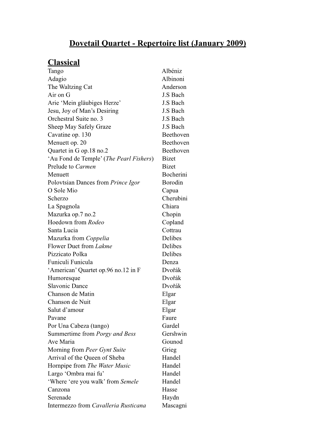 Repertoire List (January 2009) Classical