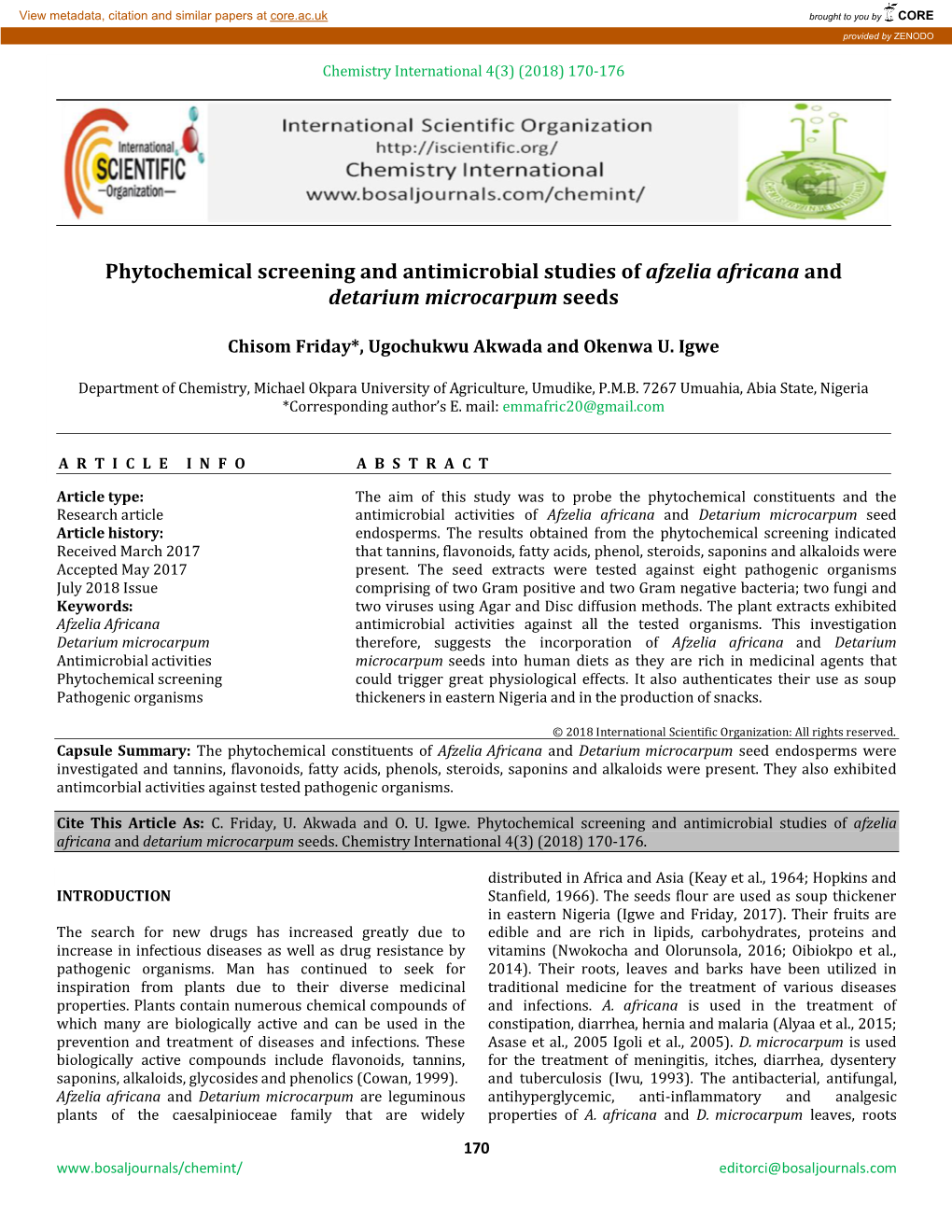 Phytochemical Screening and Antimicrobial Studies of Afzelia Africana and Detarium Microcarpum Seeds