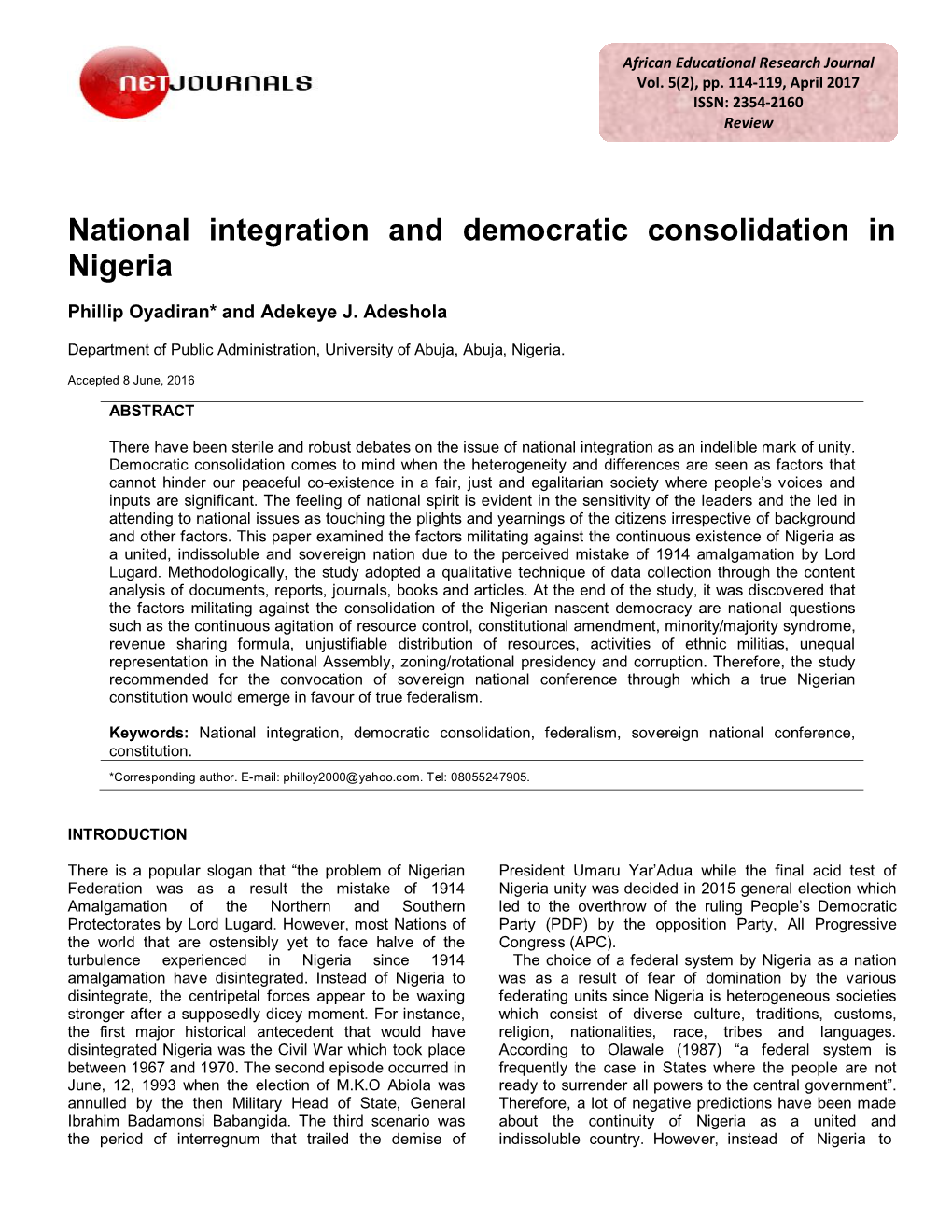 National Integration and Democratic Consolidation in Nigeria