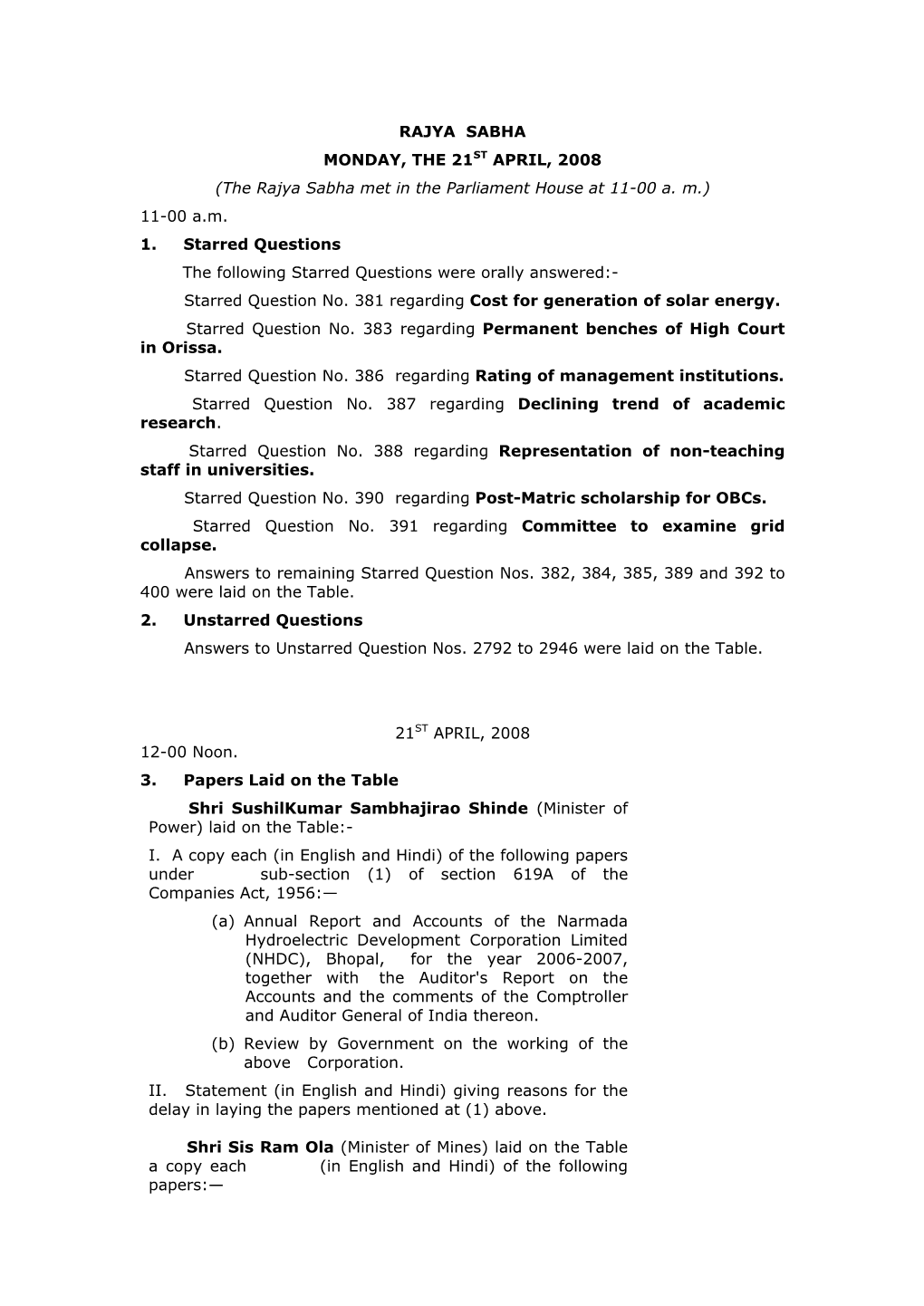 RAJYA SABHA MONDAY, the 21ST APRIL, 2008 (The Rajya Sabha Met in the Parliament House at 11-00 A