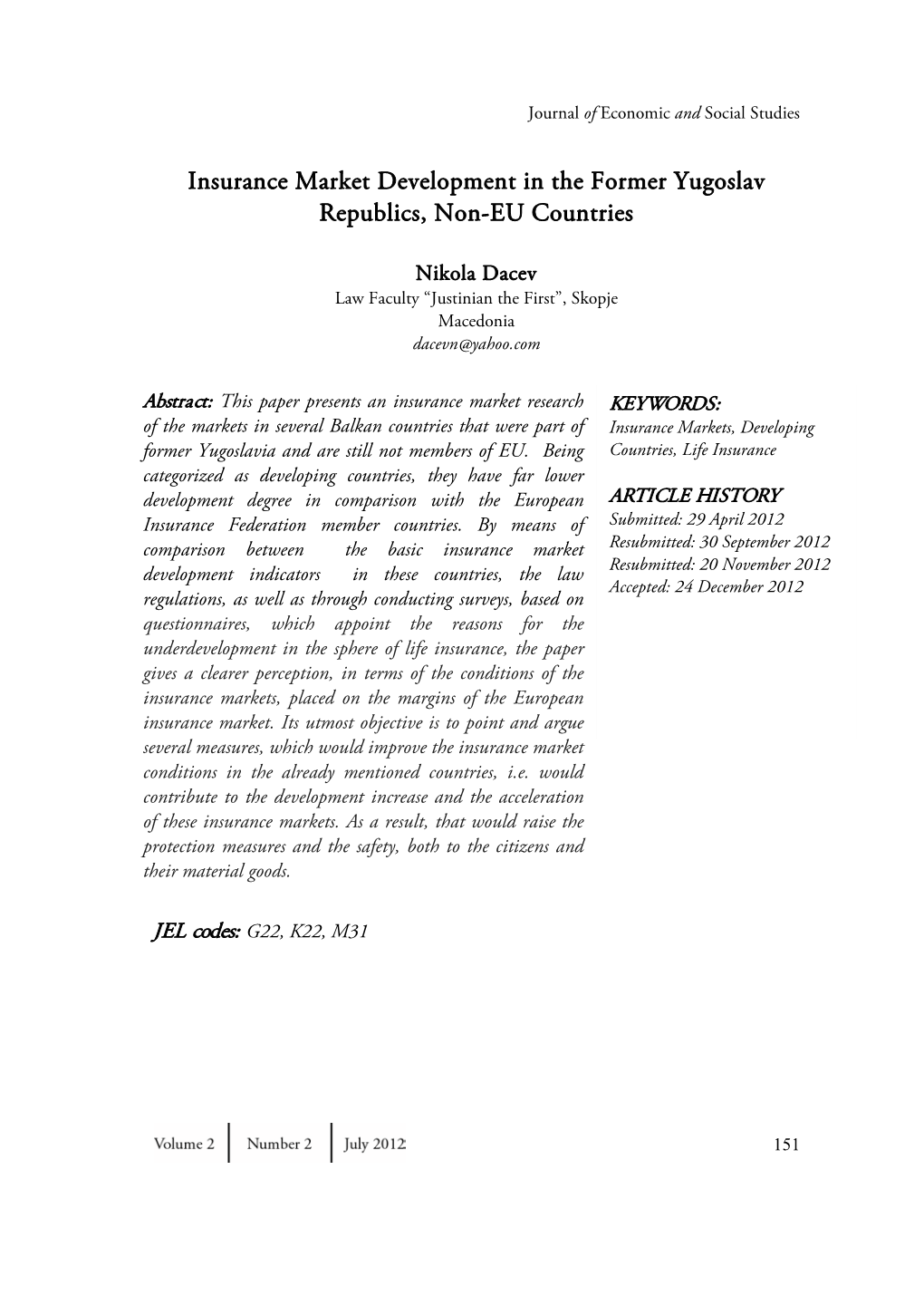 Insurance Market Development in the Former Yugoslav Republics, Non-EU Countries