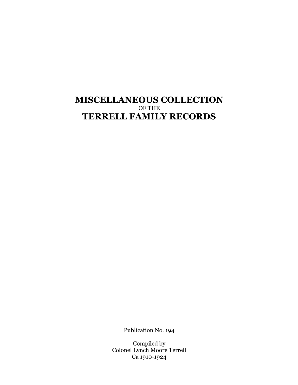 Miscellaneous Collection of the Terrell Family Records