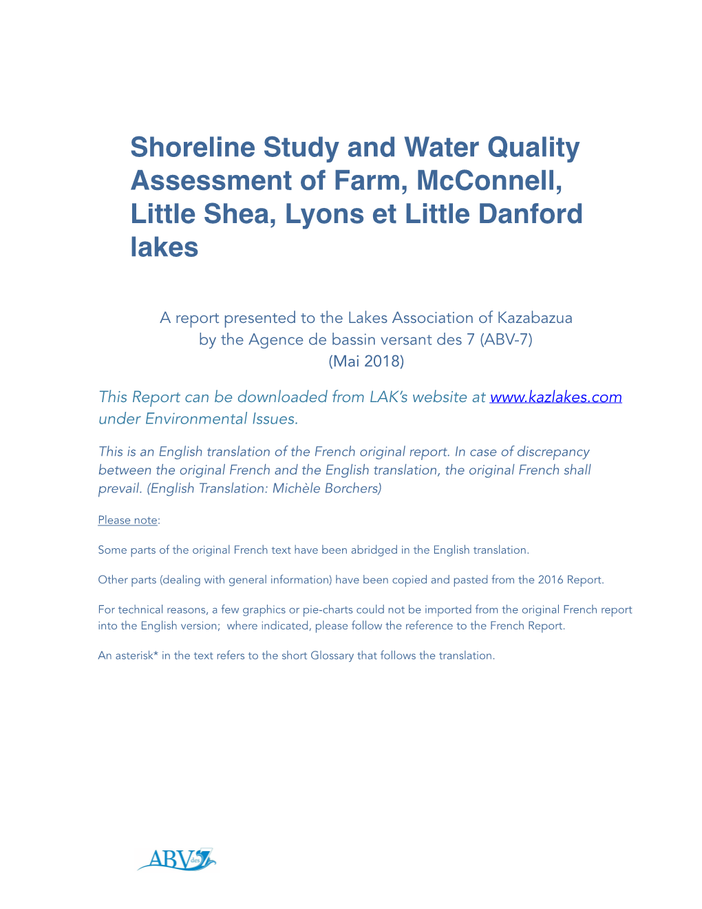 Shoreline Study and Water Quality Assessment of Farm, Mcconnell, Little Shea, Lyons Et Little Danford Lakes