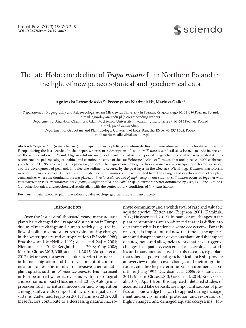The Late Holocene Decline of Trapa Natans L. in Northern Poland in the Light of New Palaeobotanical and Geochemical Data