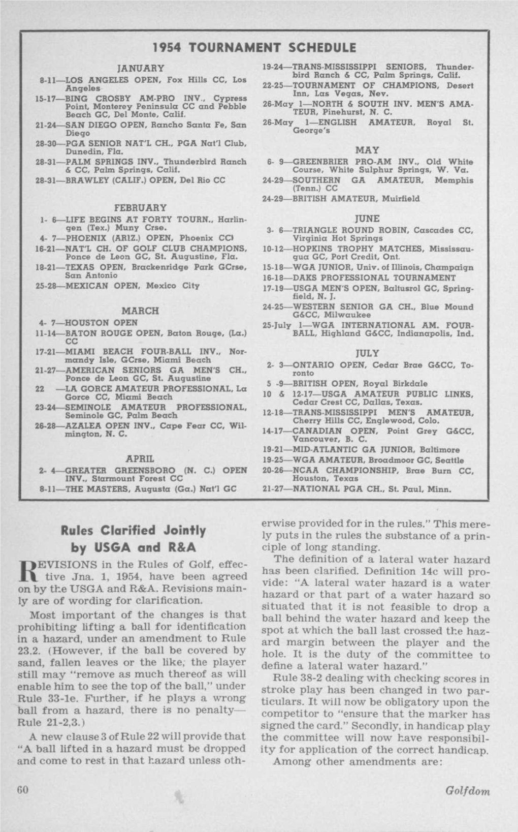 1954 TOURNAMENT SCHEDULE Rules Clarified Jointly by USGA and R&A