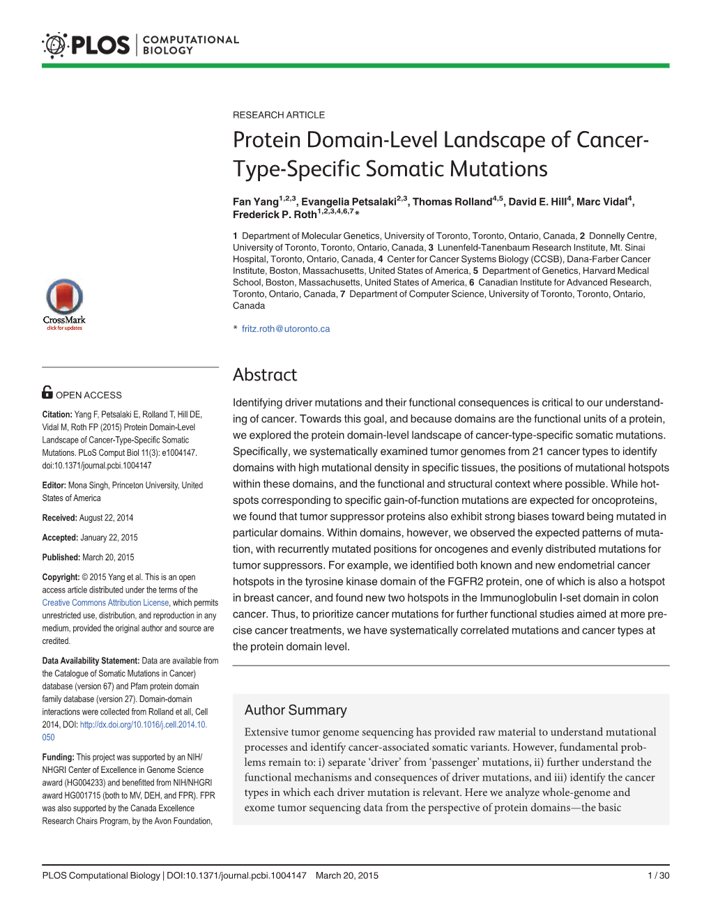 Protein Domain-Level Landscape of Cancer-Type-Specific Somatic We Explored the Protein Domain-Level Landscape of Cancer-Type-Specific Somatic Mutations