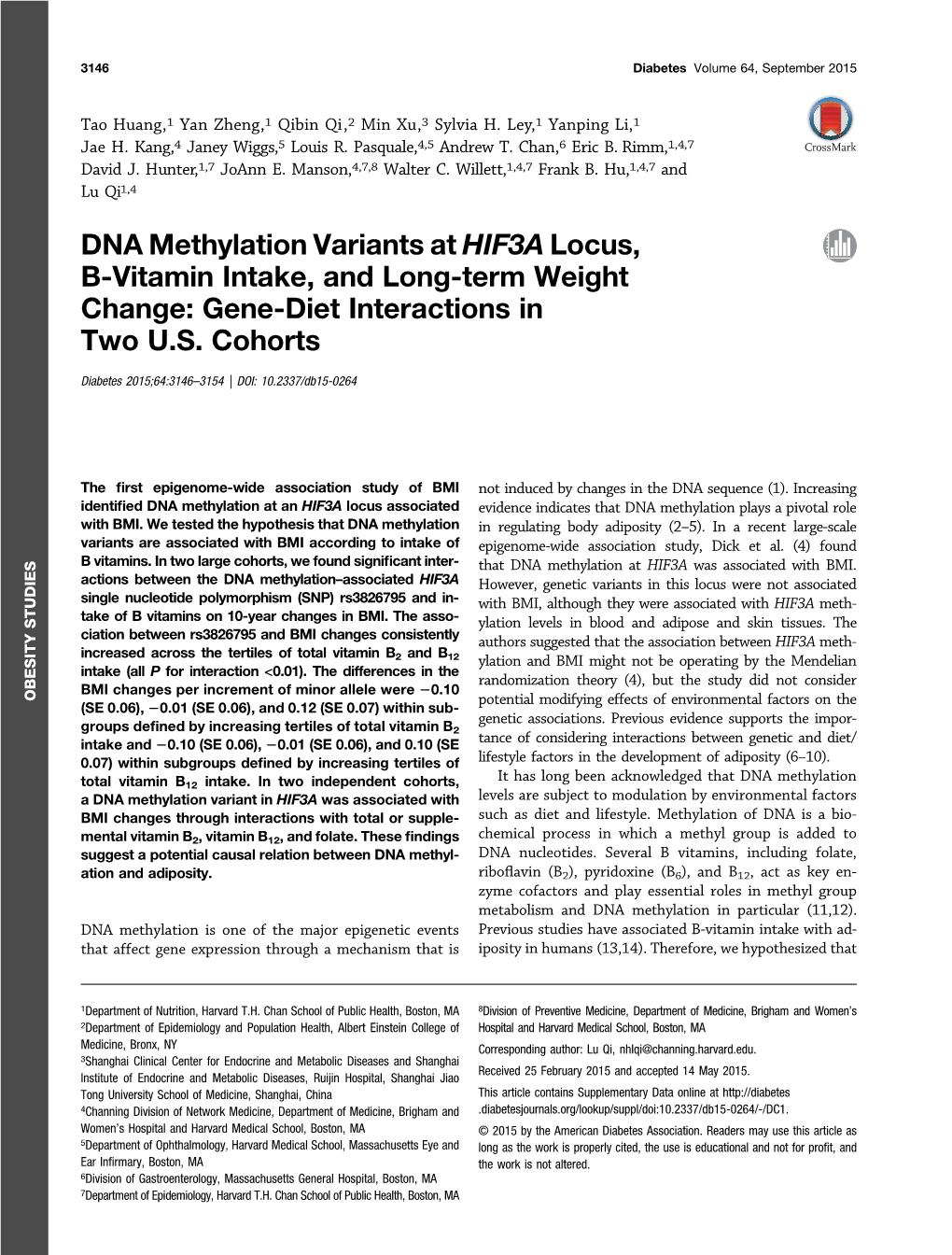 DNA Methylation Variants at HIF3A Locus, B-Vitamin Intake, and Long-Term Weight Change: Gene-Diet Interactions in Two U.S