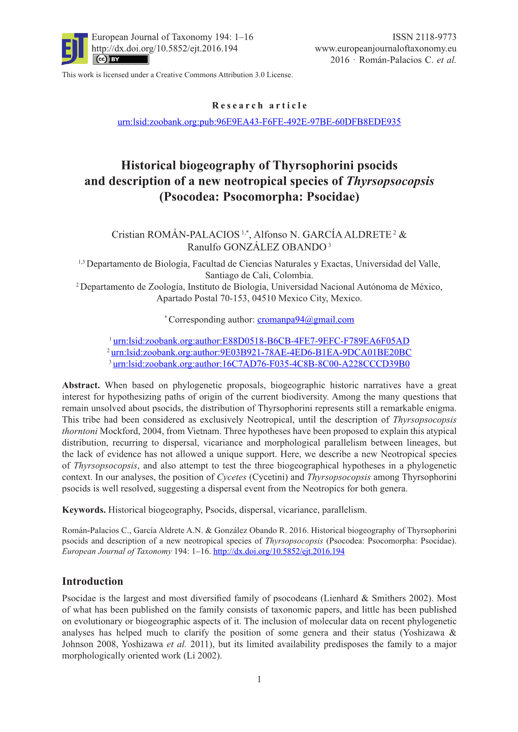 Historical Biogeography of Thyrsophorini Psocids and Description of a New Neotropical Species of Thyrsopsocopsis (Psocodea: Psocomorpha: Psocidae)