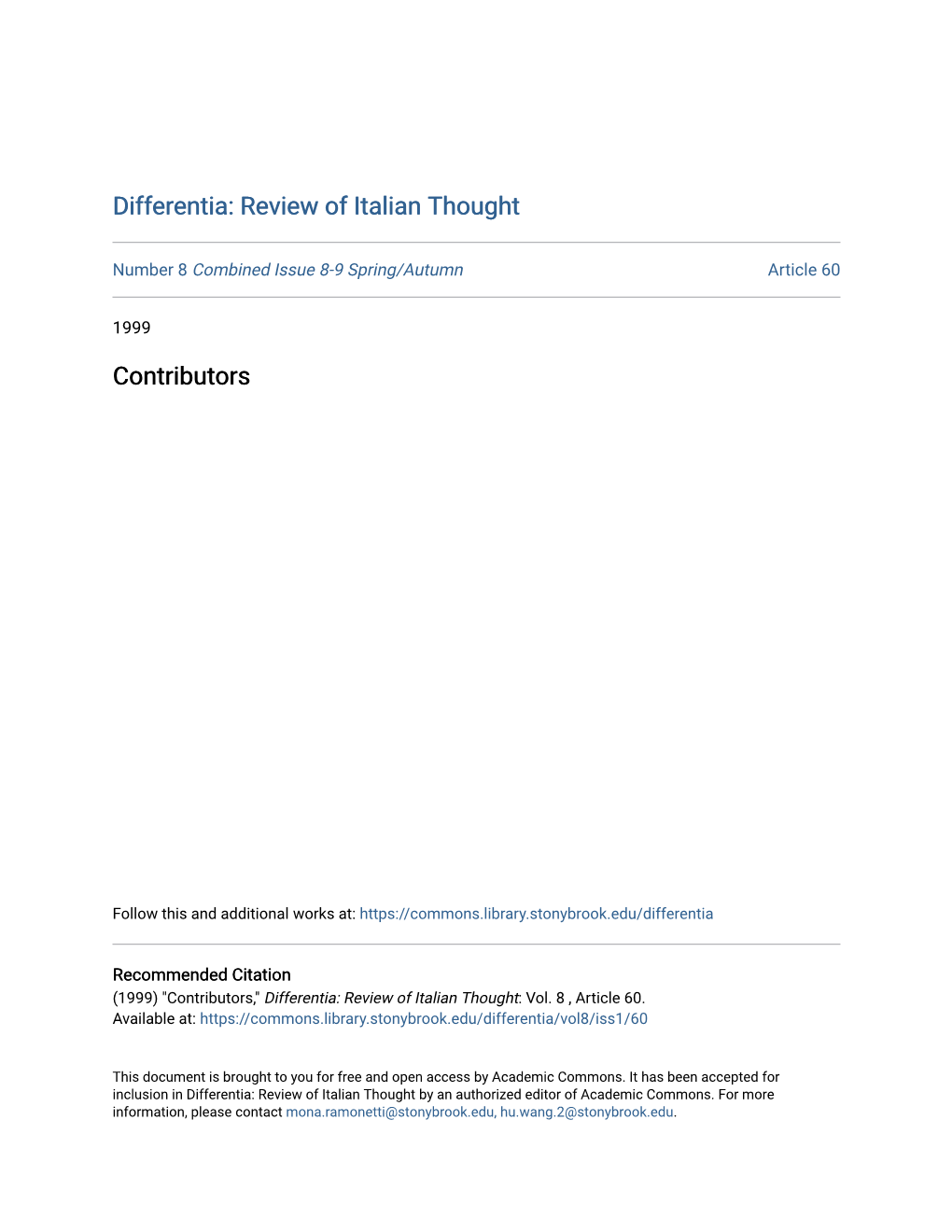 Differentia: Review of Italian Thought Contributors