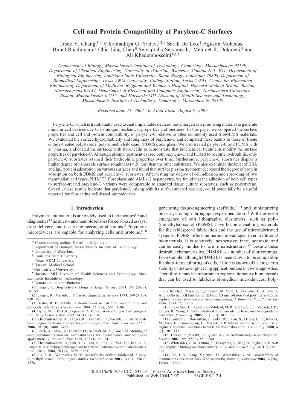 Cell and Protein Compatibility of Parylene-C Surfaces