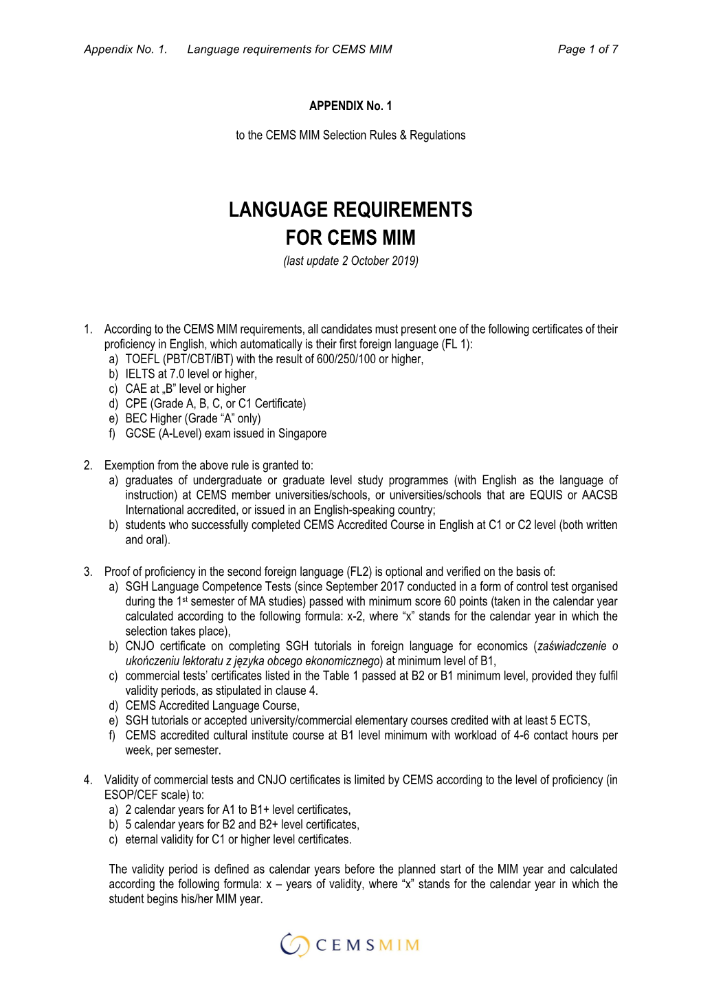 Language Requirements for CEMS MIM Page 1 of 7