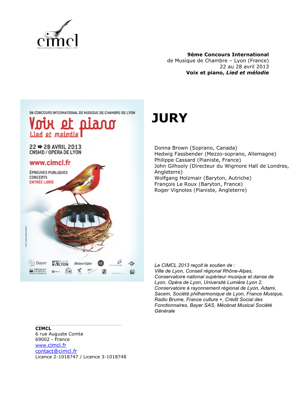 9Ème Concours International De Musique De Chambre – Lyon (France) 22 Au 28 Avril 2013 Voix Et Piano, Lied Et Mélodie