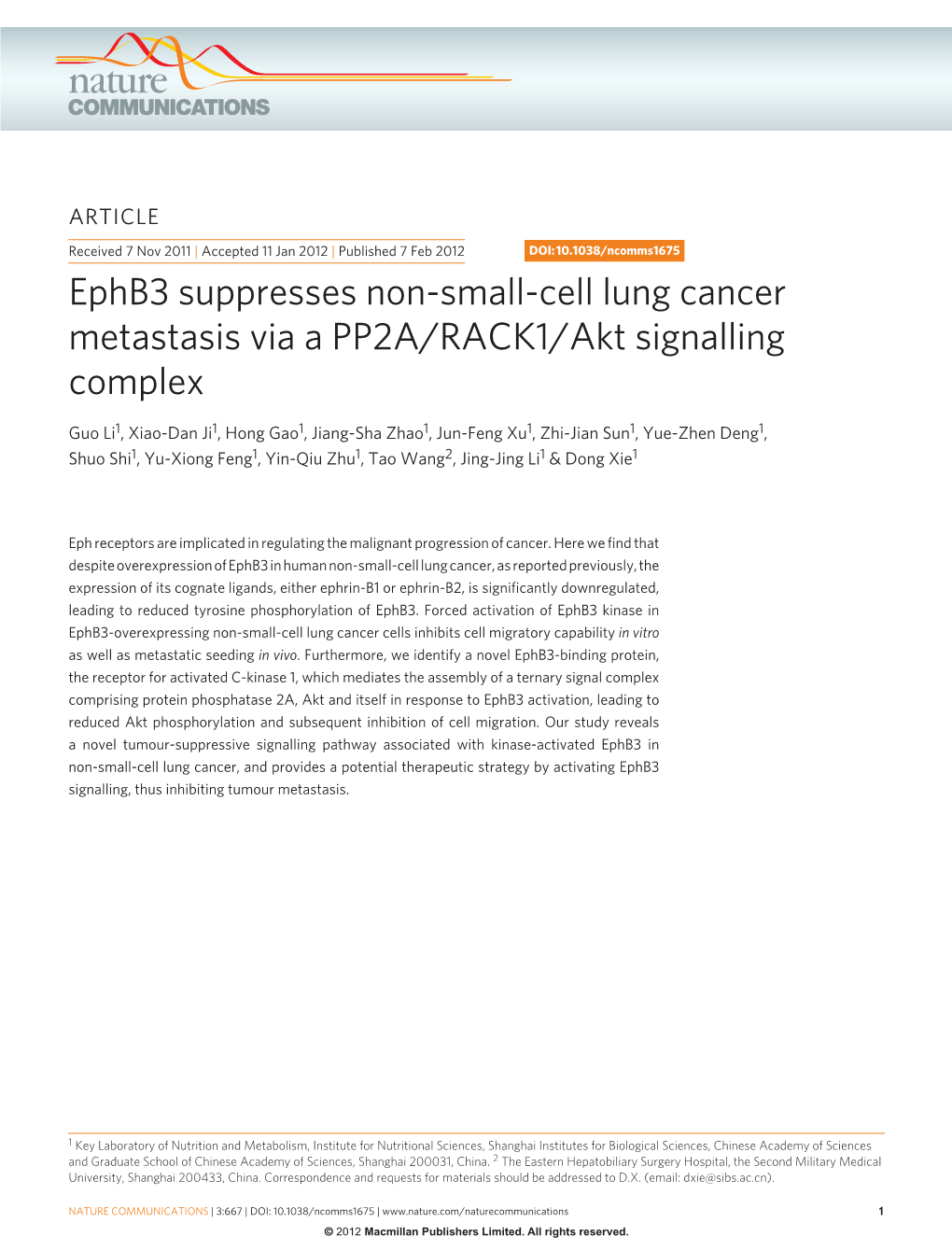 Ephb3 Suppresses Non-Small-Cell Lung Cancer Metastasis Via a PP2A/RACK1/Akt Signalling Complex