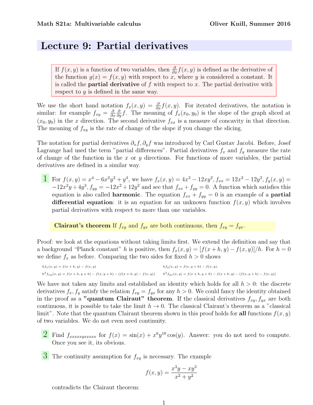 Lecture 9: Partial Derivatives