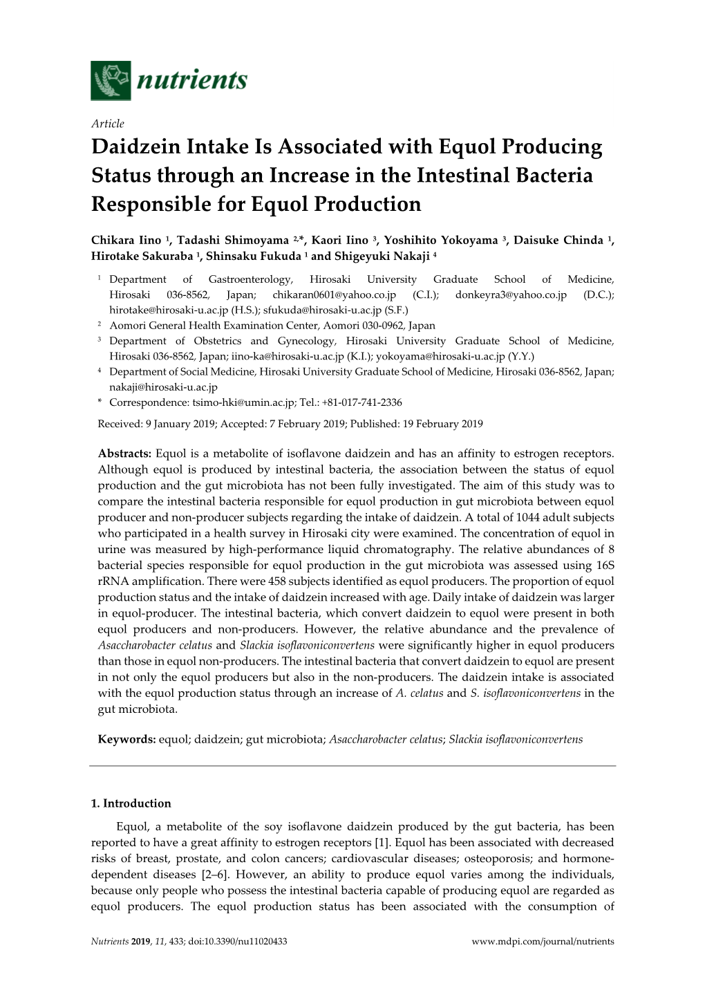 Daidzein Intake Is Associated with Equol Producing Status Through an Increase in the Intestinal Bacteria Responsible for Equol Production