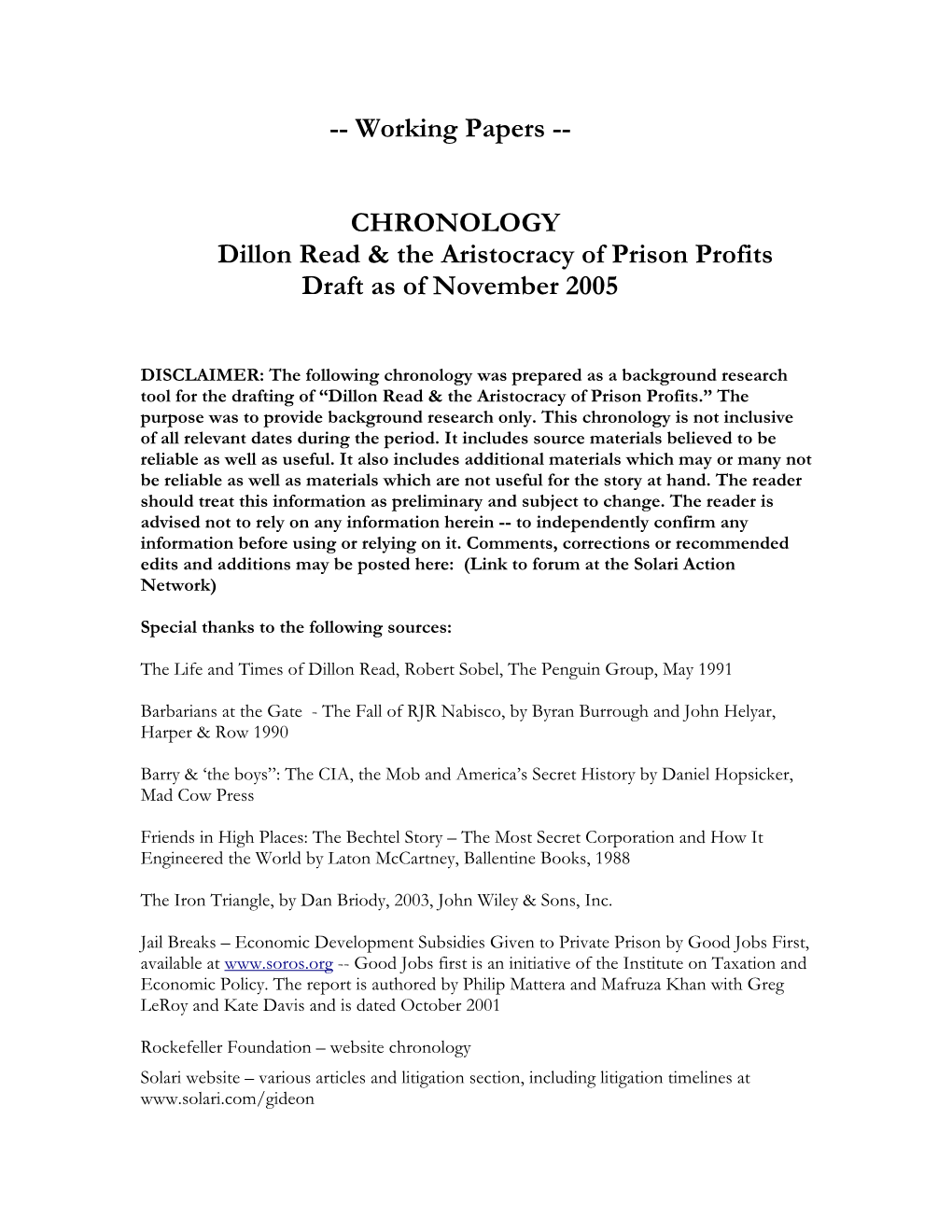 CHRONOLOGY Dillon Read & the Aristocracy of Prison Profits Draft As