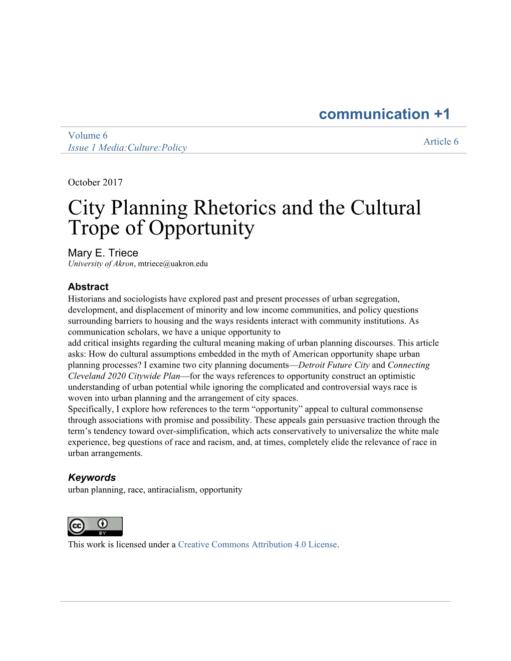 City Planning Rhetorics and the Cultural Trope of Opportunity Mary E