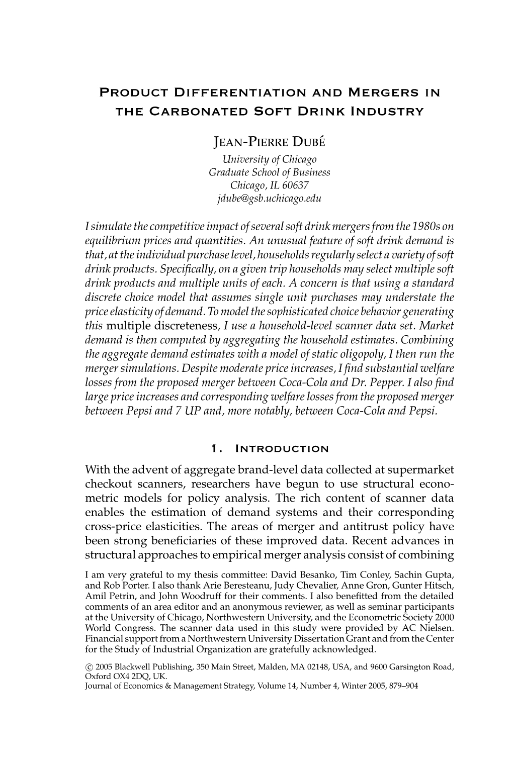 Product Differentiation and Mergers in the Carbonated Soft Drink Industry