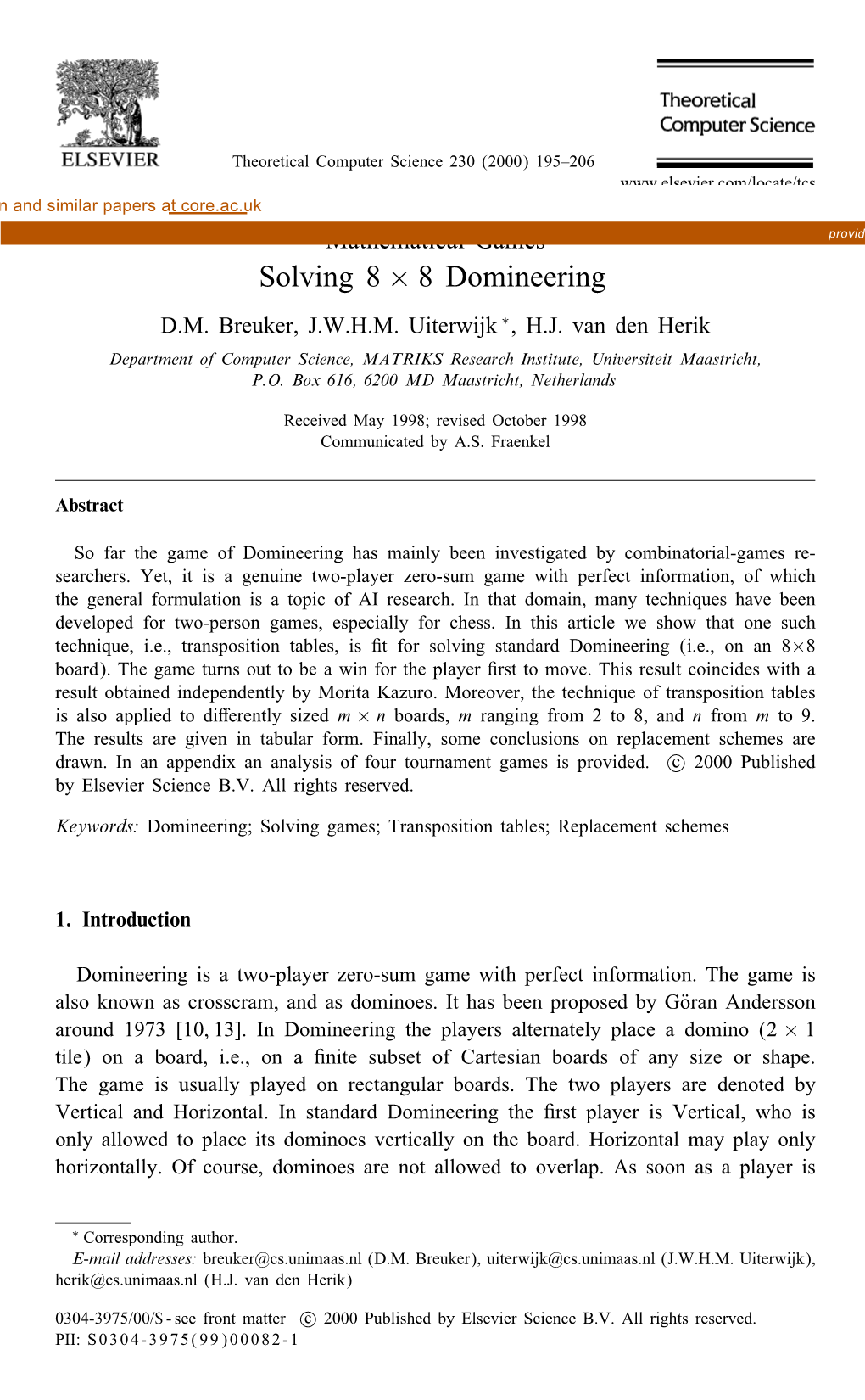 Solving 8 × 8 Domineering