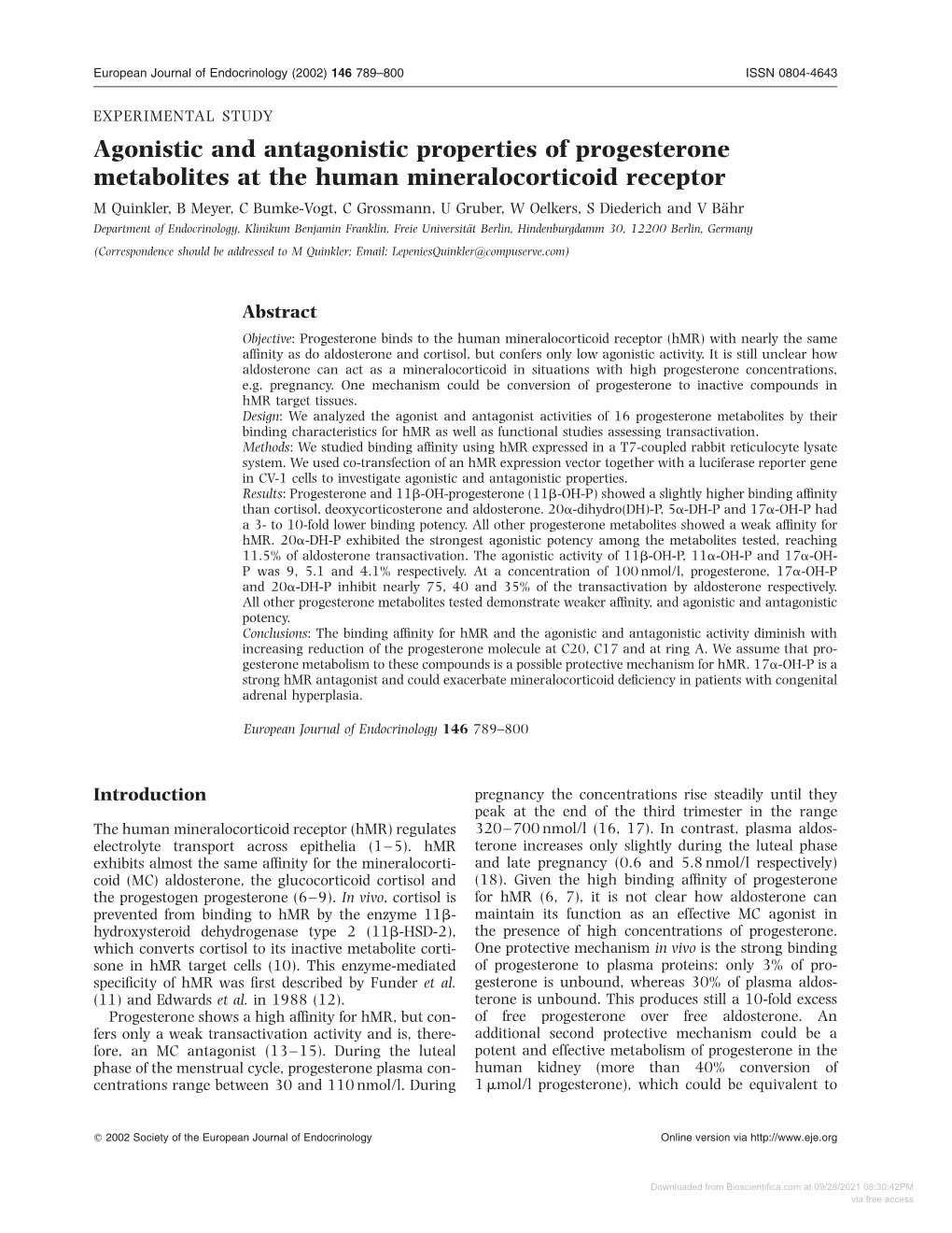 Agonistic and Antagonistic Properties of Progesterone Metabolites at The