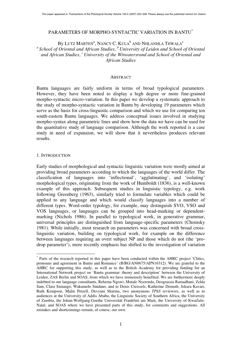 1 Parameters of Morpho-Syntactic Variation