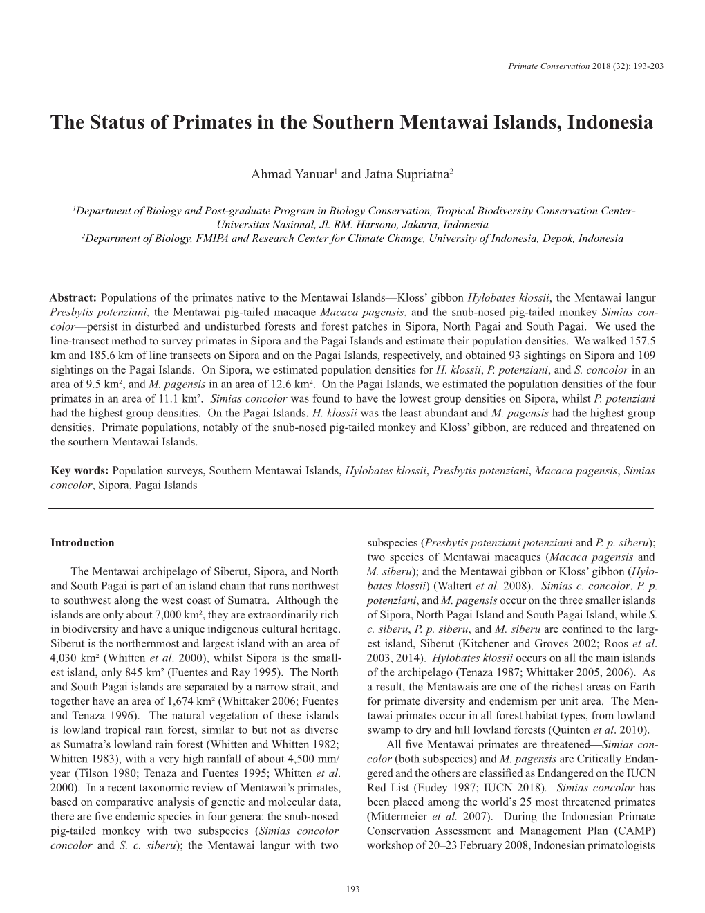 Primates of the Southern Mentawai Islands