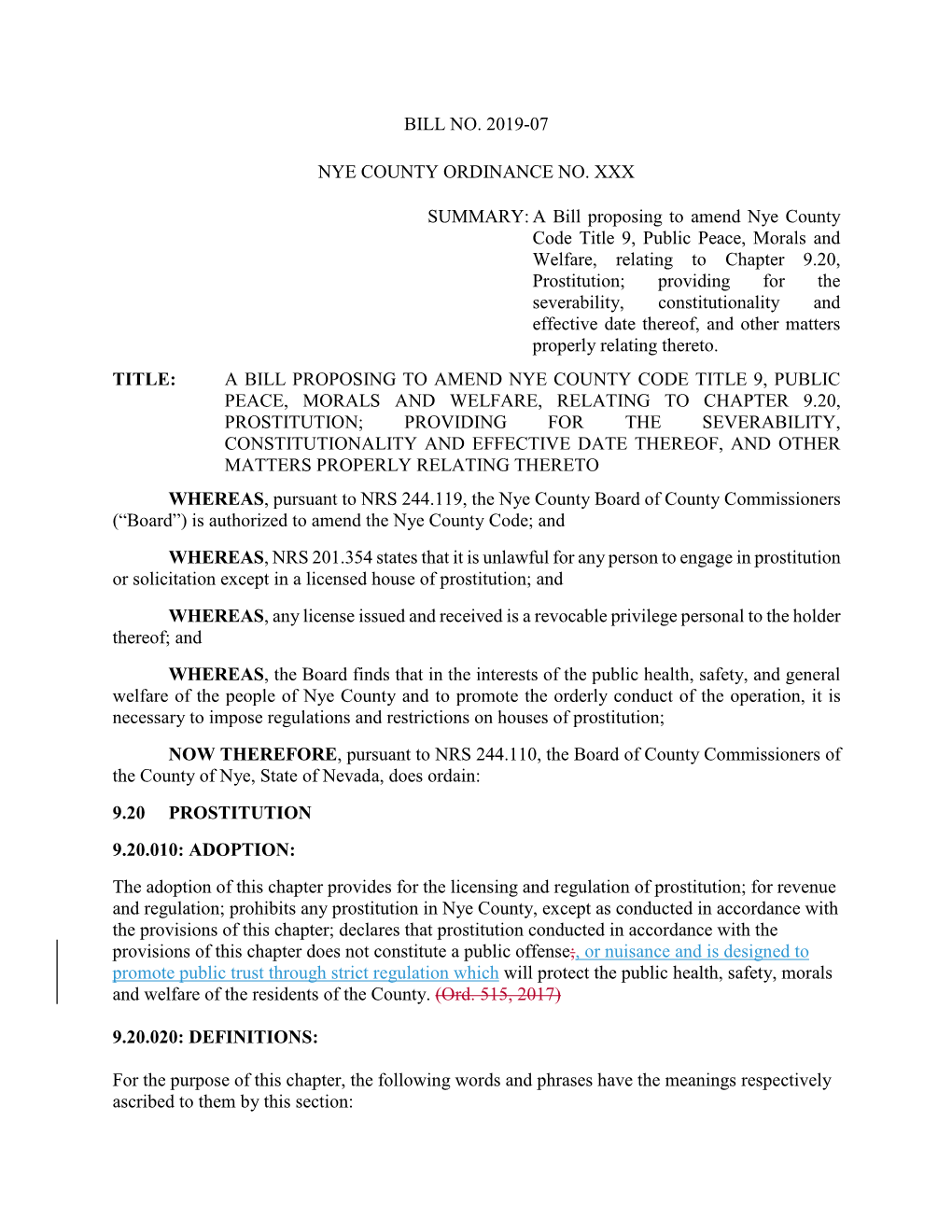 A Bill Proposing to Amend Nye County Code Title 9, Public Peace, Morals A