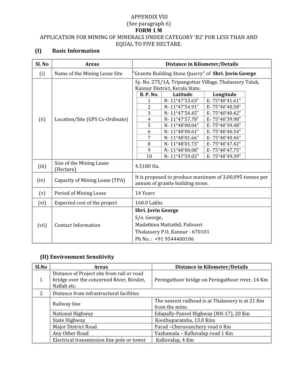 Form 1 M Application for Mining of Minerals Under Category �B2� for Less Than and Equal to Five Hectare