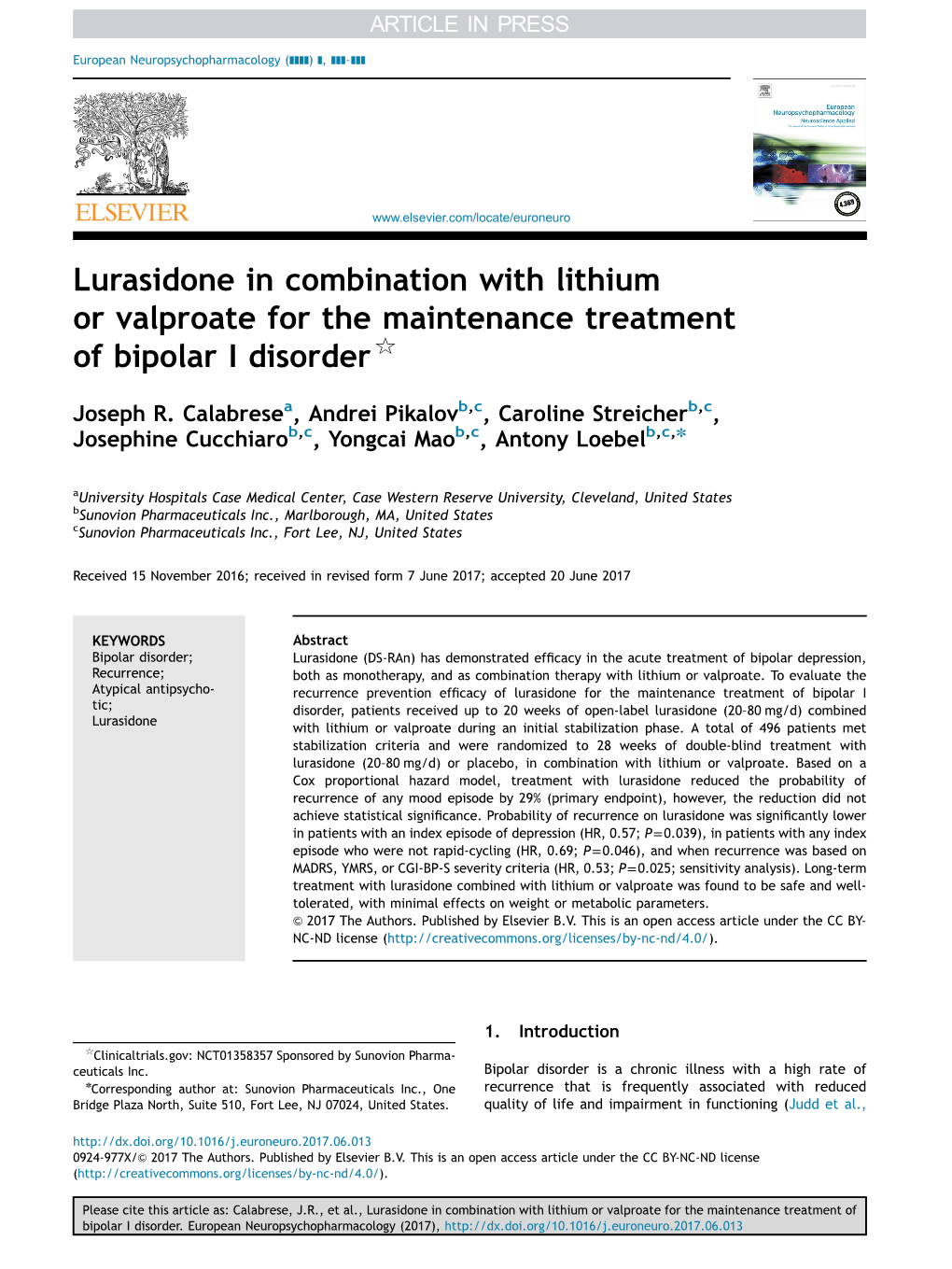 Lurasidone in Combination with Lithium Or Valproate for the Maintenance Treatment of Bipolar I Disorder$