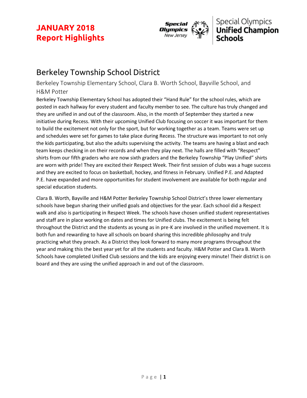 JANUARY 2018 Report Highlights Berkeley Township School District