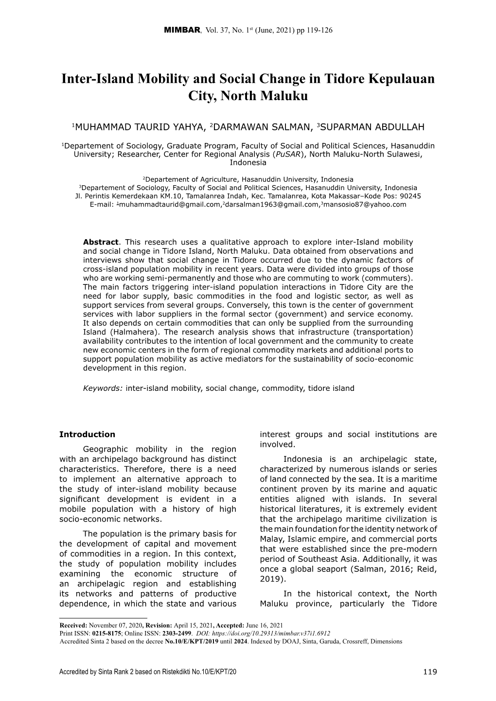 Inter-Island Mobility and Social Change in Tidore Kepulauan City, North Maluku