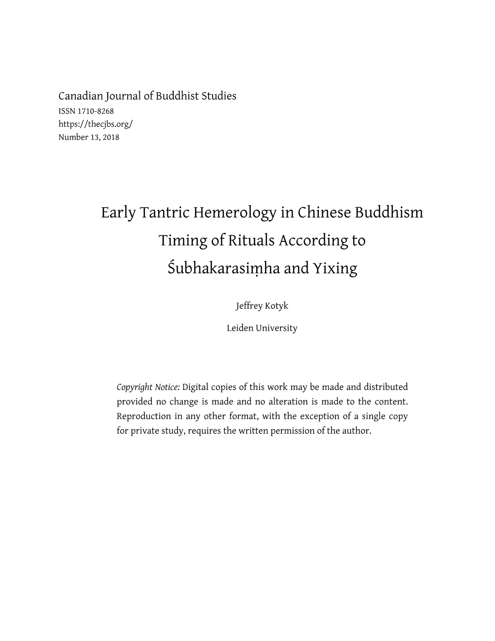 Early Tantric Hemerology in Chinese Buddhism Timing of Rituals According to Śubhakarasiṃha and Yixing