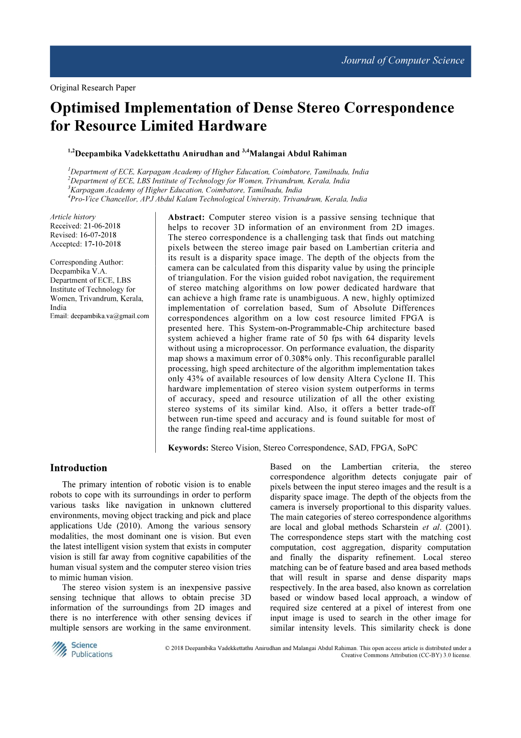 Optimised Implementation of Dense Stereo Correspondence for Resource Limited Hardware