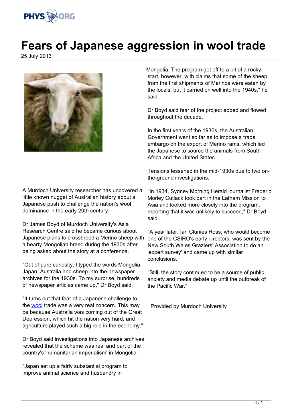 Fears of Japanese Aggression in Wool Trade 25 July 2013