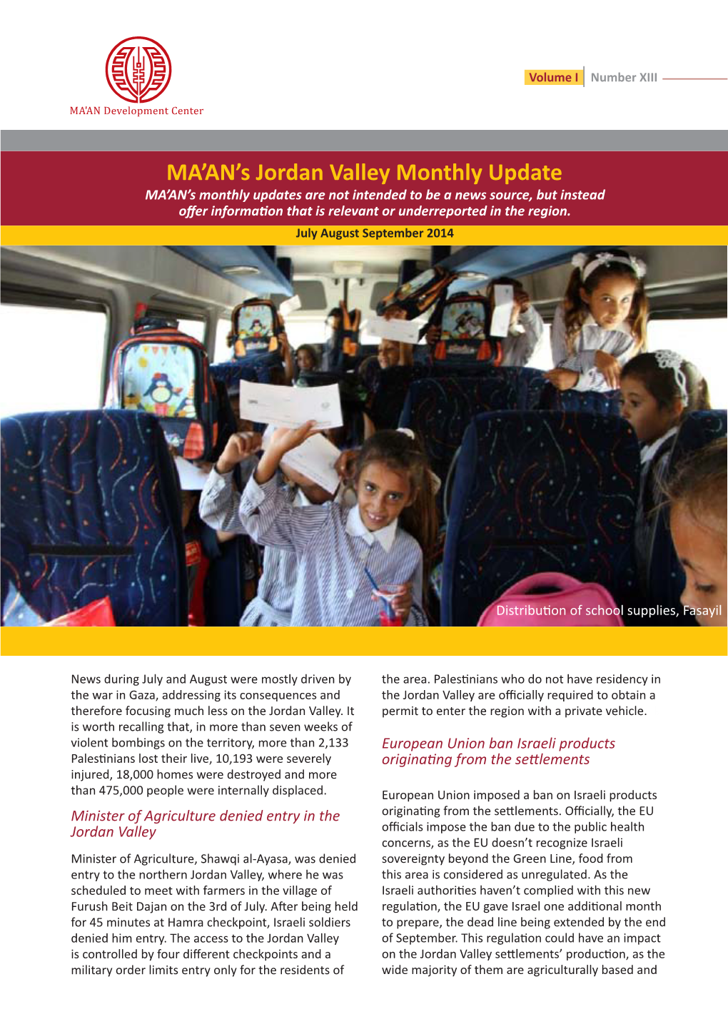 MA'an's Jordan Valley Monthly Update