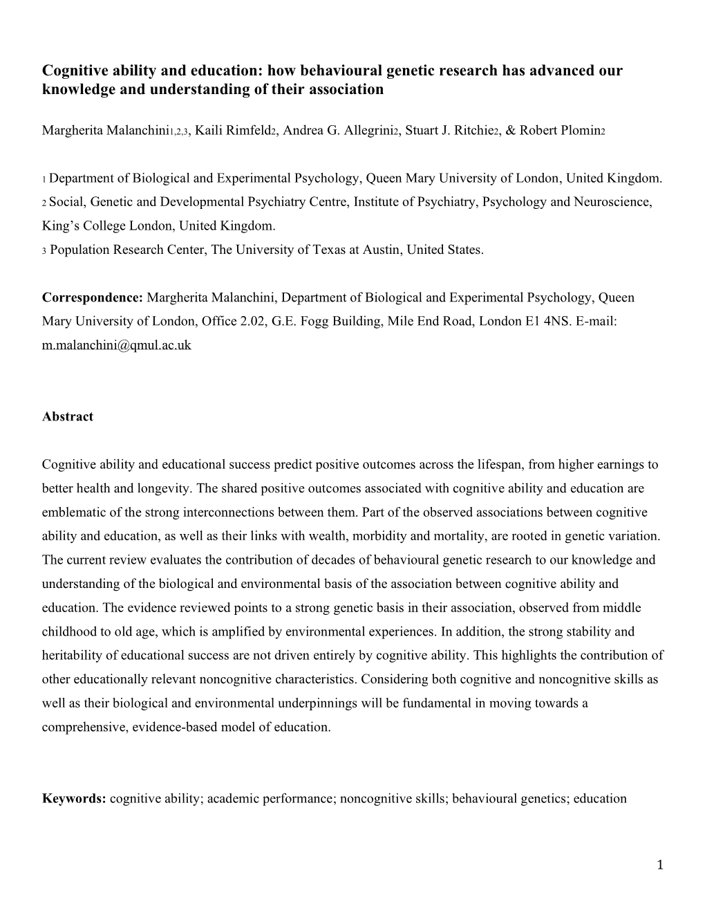 Cognitive Ability and Education: How Behavioural Genetic Research Has Advanced Our Knowledge and Understanding of Their Association