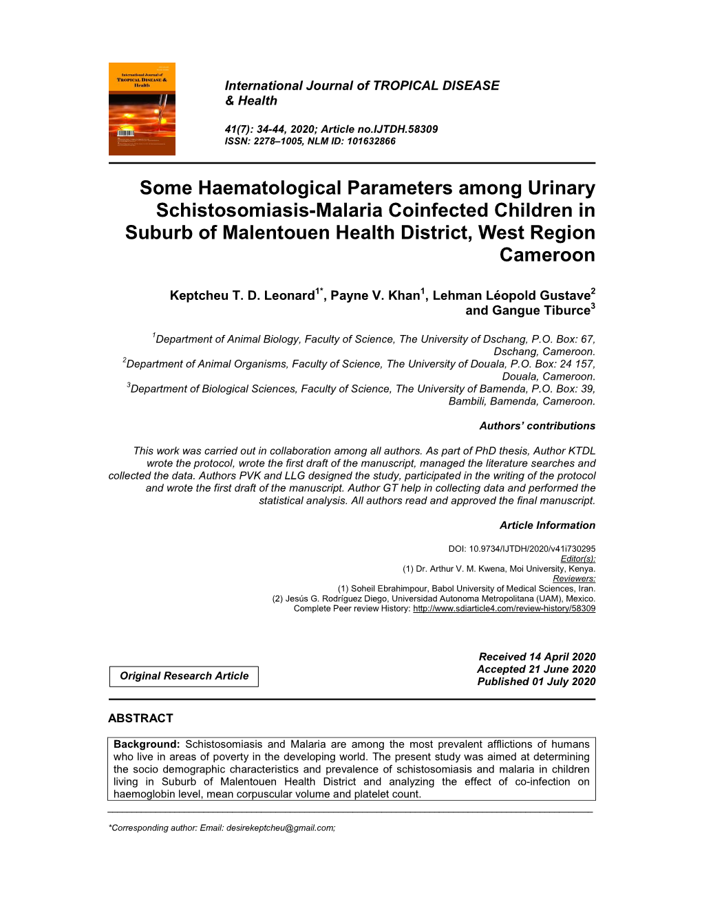 Some Haematological Parameters Among Urinary Schistosomiasis-Malaria Coinfected Children in Suburb of Malentouen Health District, West Region Cameroon