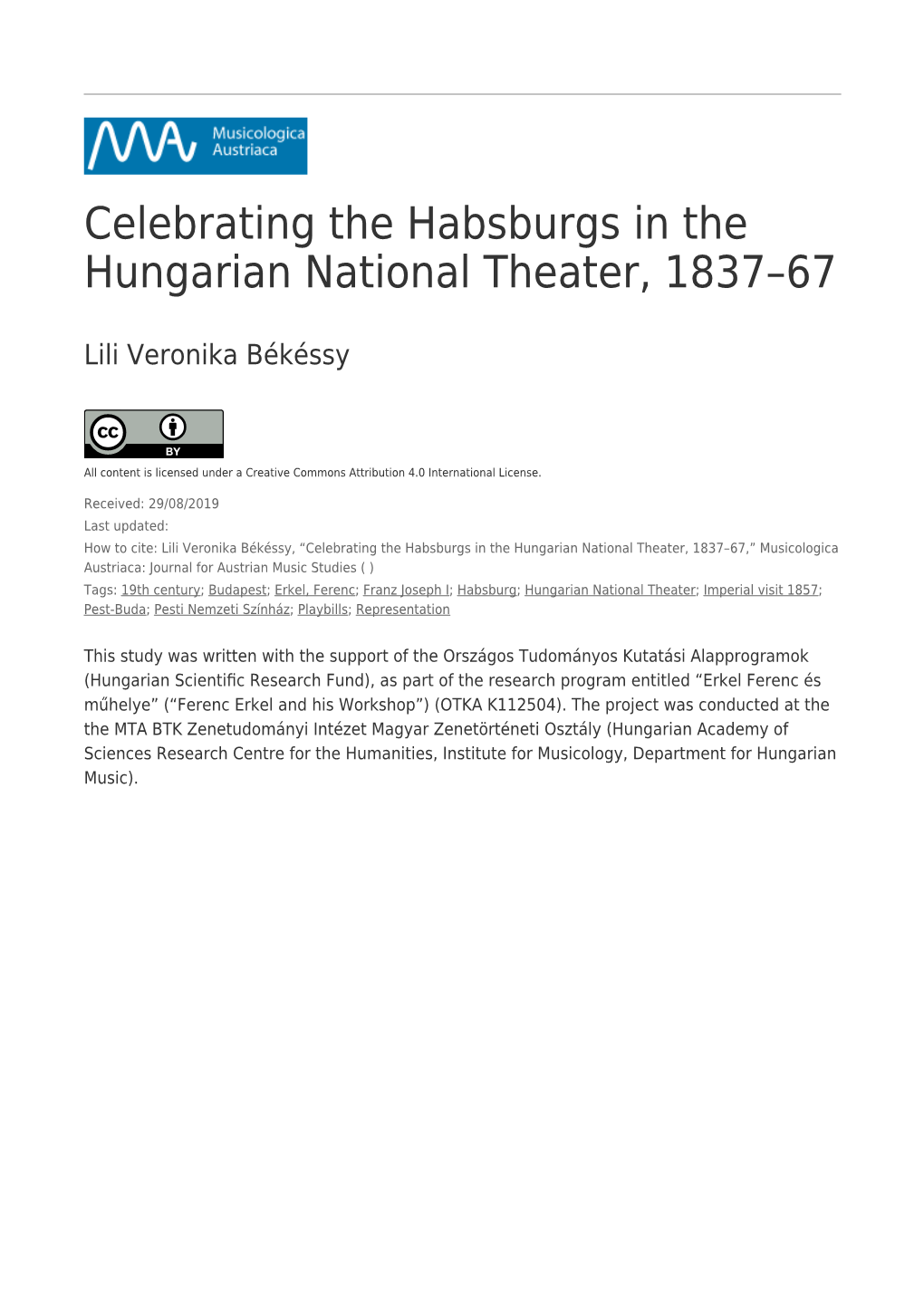 Celebrating the Habsburgs in the Hungarian National Theater, 1837–67