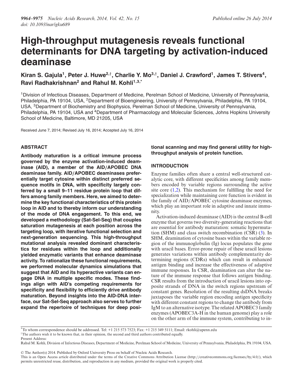 High-Throughput Mutagenesis Reveals Functional Determinants for DNA Targeting by Activation-Induced Deaminase Kiran S