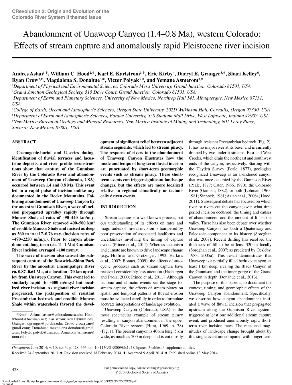 Abandonment of Unaweep Canyon (1.4–0.8 Ma), Western Colorado: Effects of Stream Capture and Anomalously Rapid Pleistocene River Incision