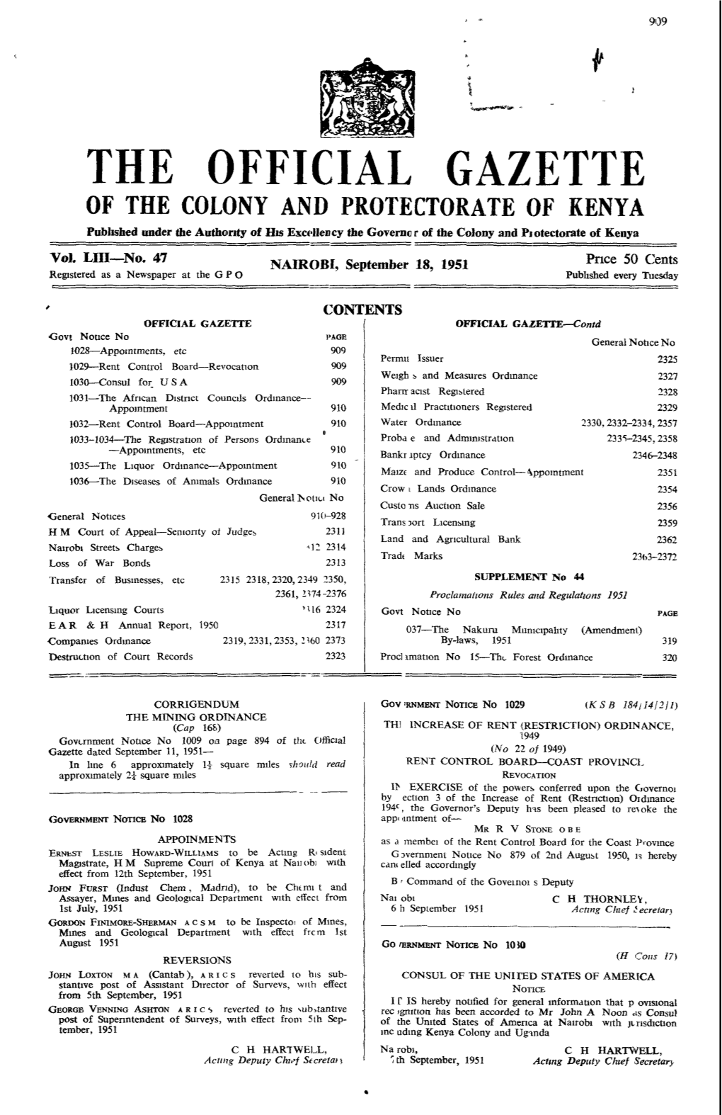 THE OFFICIAL GAZETTE of the COLONY and PROTECTORATE of KENYA Published Under the Author~Tyof Hisexct*Llency the Governa R of the Colony and P~Otectorateof Kenya - Val