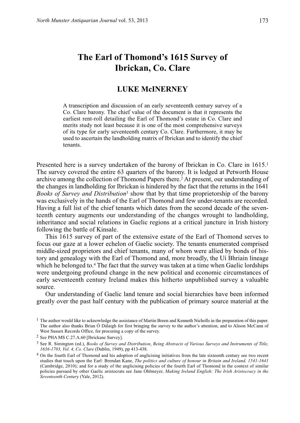 The Earl of Thomond's 1615 Survey of Ibrickan, Co